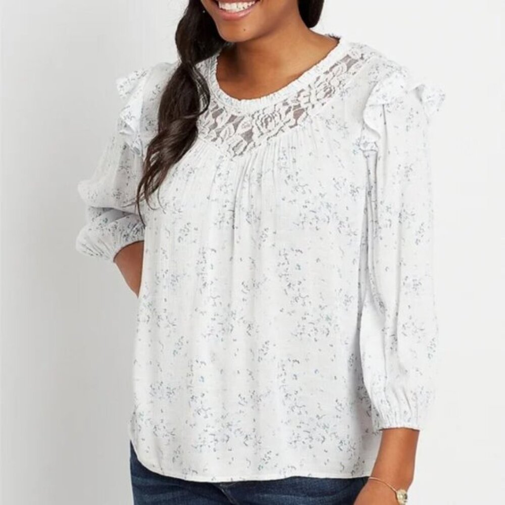 Maurices NWT White Blue Floral Boho Peasant Lace Yoke Flutter 3/4 Sleeve Blouse